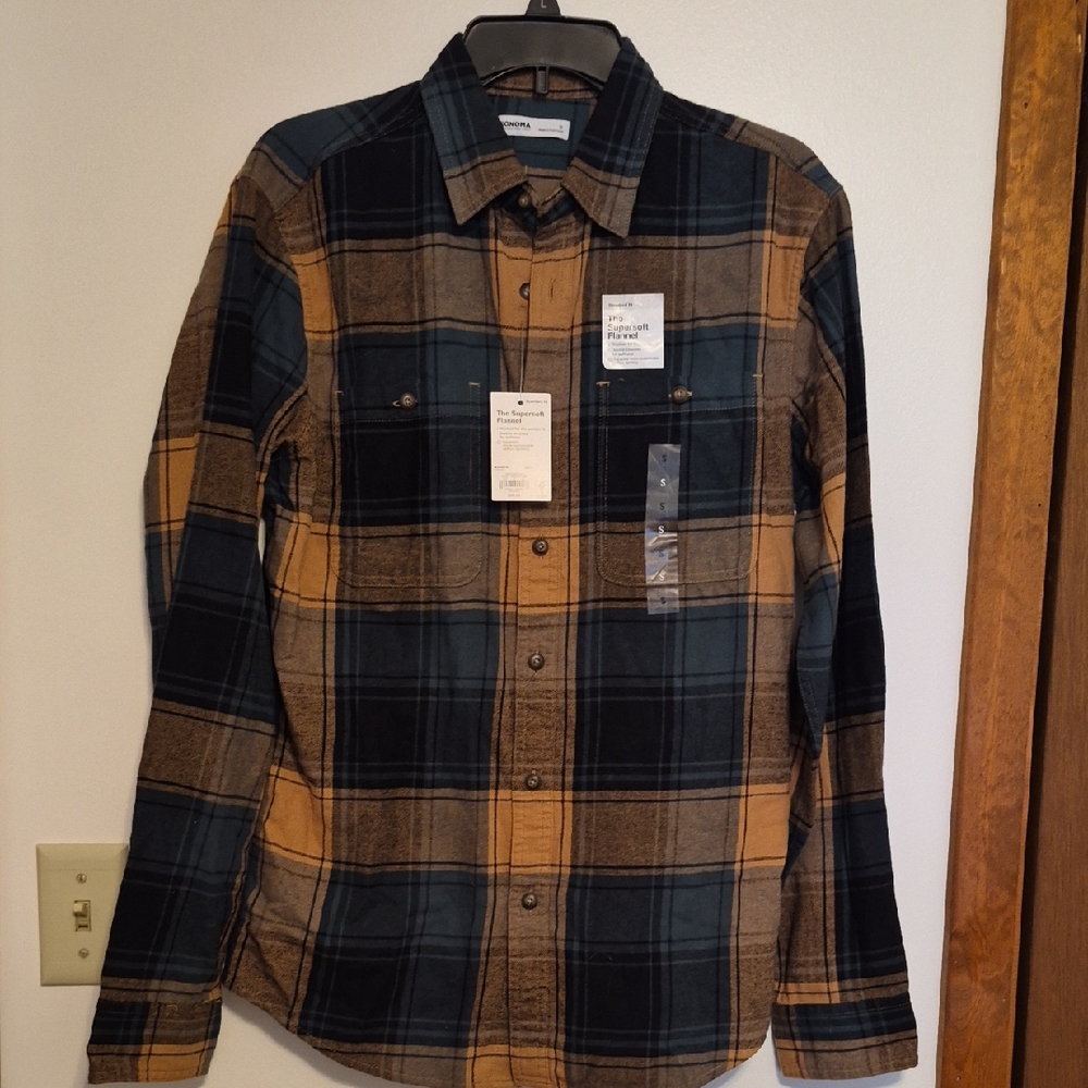 NWT Sonoma  100% Cotton Green & Gold Plaid Soft Flannel Long Sleeve Shirt Sz S
